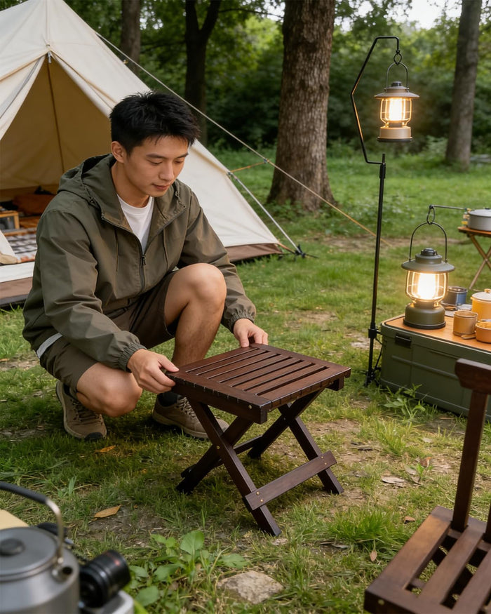 ZHEHUA Walnut Color Bamboo Folding Stool with Backrest 12.5 in