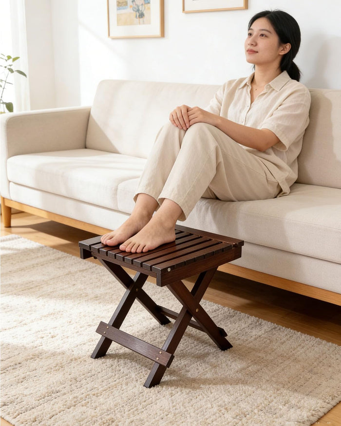 ZHEHUA Walnut Color Bamboo Folding Stool with Backrest 12.5 in
